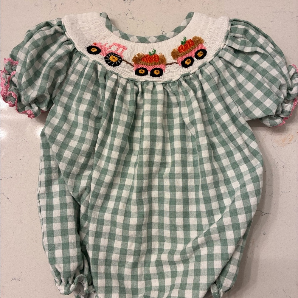 Smockingbird Green Gingham Baby Romper with Tractor Embroidery